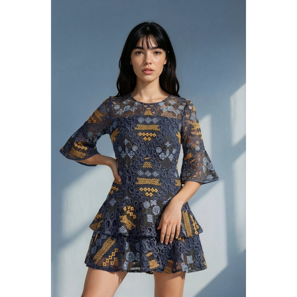 PROSE & POETRY Dress Womens XS Blue Gold Eyelet Tiered Bell Sleeve Anthropologie